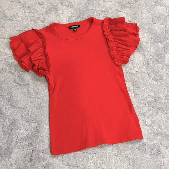 EXPRESS Red Ribbed Knit Body Contouring Ruffled Short Sleeve Blouse / Women’s XS - Picture 1 of 6